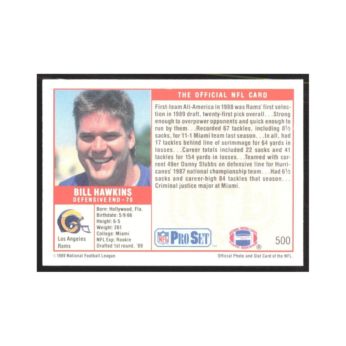 1989 Pro Set Bill Hawkins Rams #500
