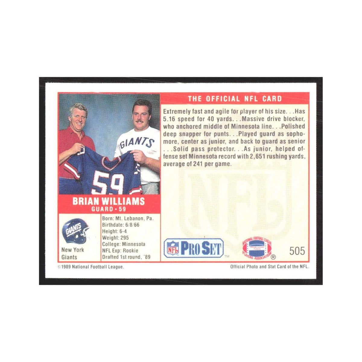 1989 Pro Set Brian Williams Giants #505