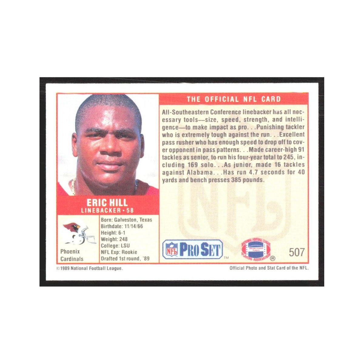1989 Pro Set Eric Hill Phoenix Cardinals #507