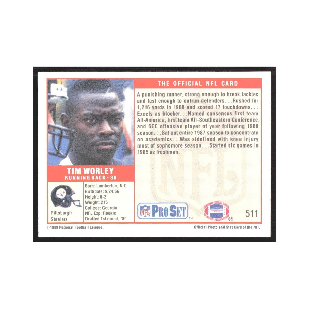 1989 Pro Set Tim Worley Steelers #511