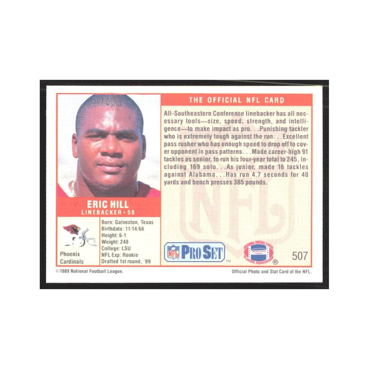 1989 Pro Set Eric Hill Phoenix Cardinals #507