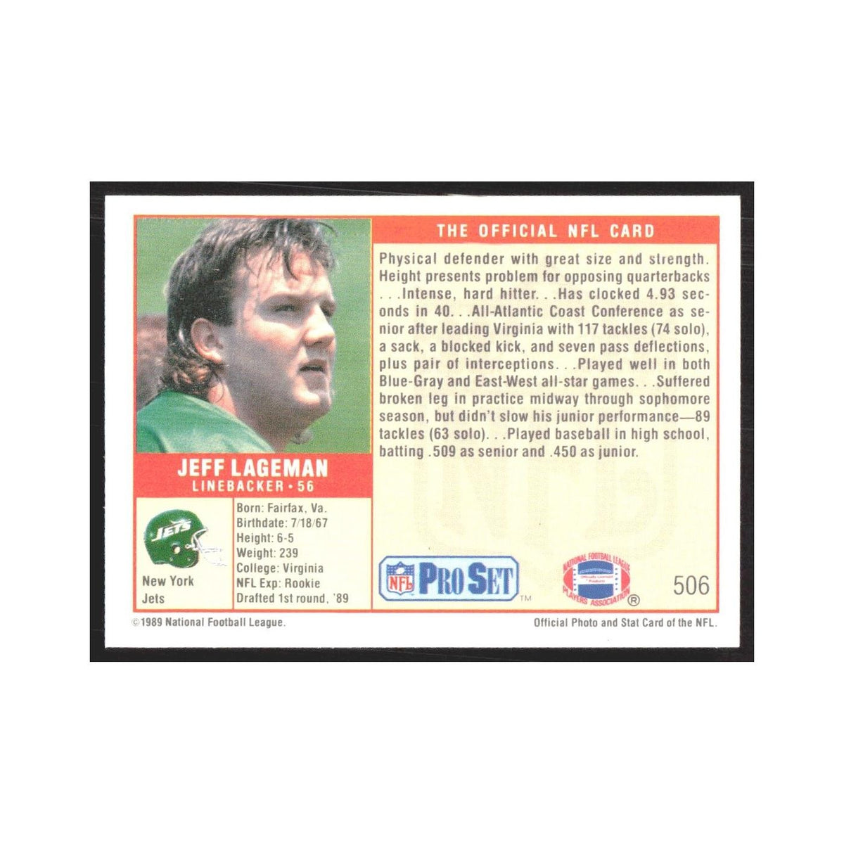 1989 Pro Set Jeff Lageman Jets #506