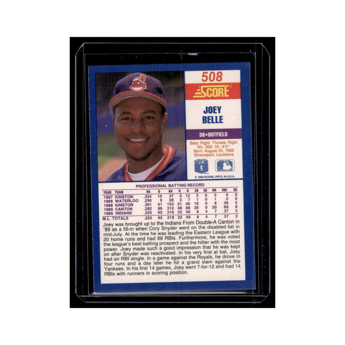 Joey Belle 1990 Score #508 Cleveland Indians Baseball Card NM
