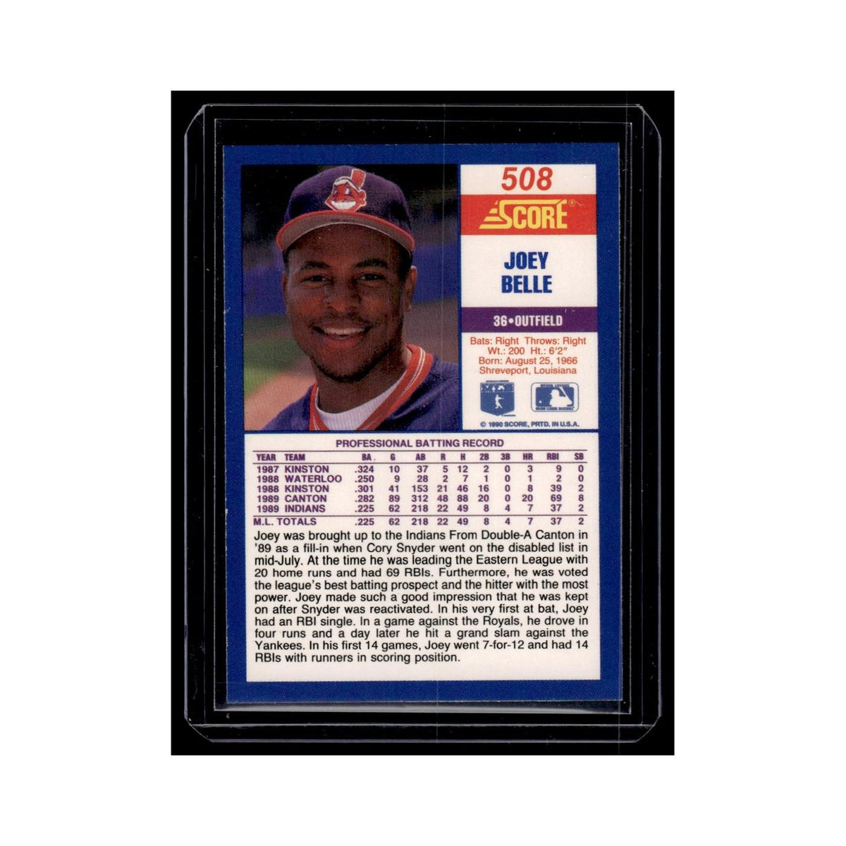 Joey Belle 1990 Score #508 Cleveland Indians Baseball Card NM