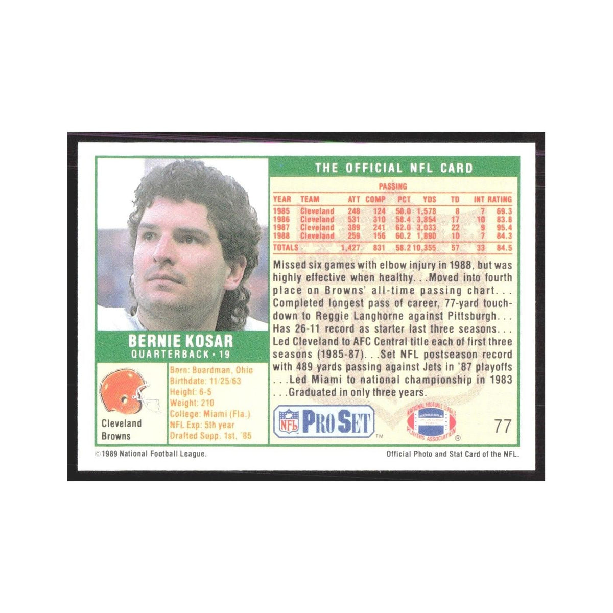 1989 Pro Set Bernie Kosar Browns #77