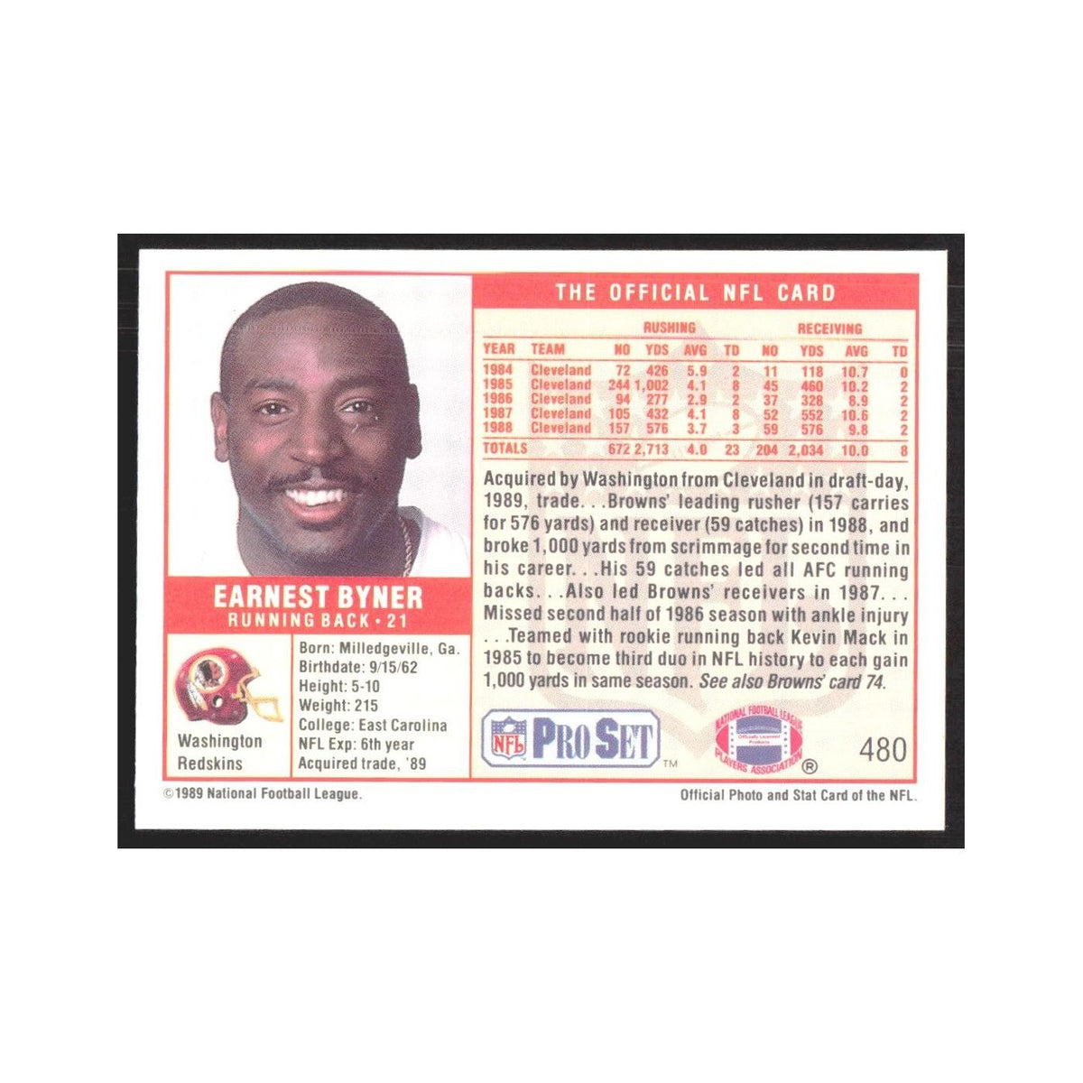 1989 Pro Set Earnest Byner Redskins #480