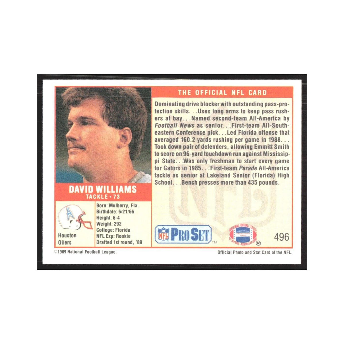 1989 Pro Set David Williams Houston Oilers #496