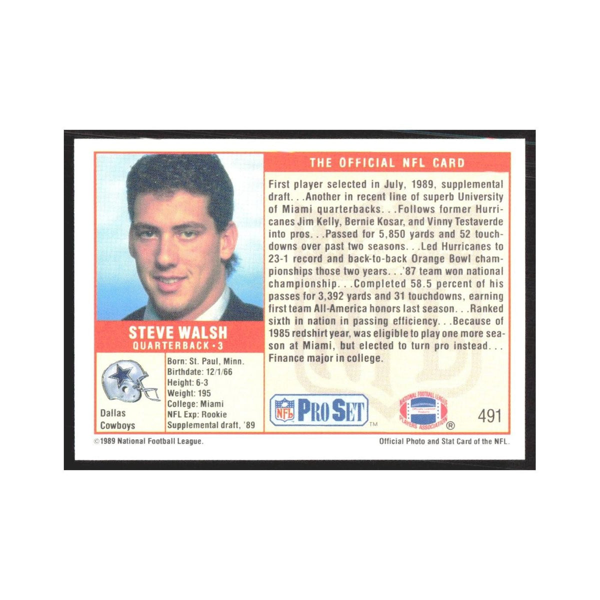1989 Pro Set Steve Walsh Cowboys #491