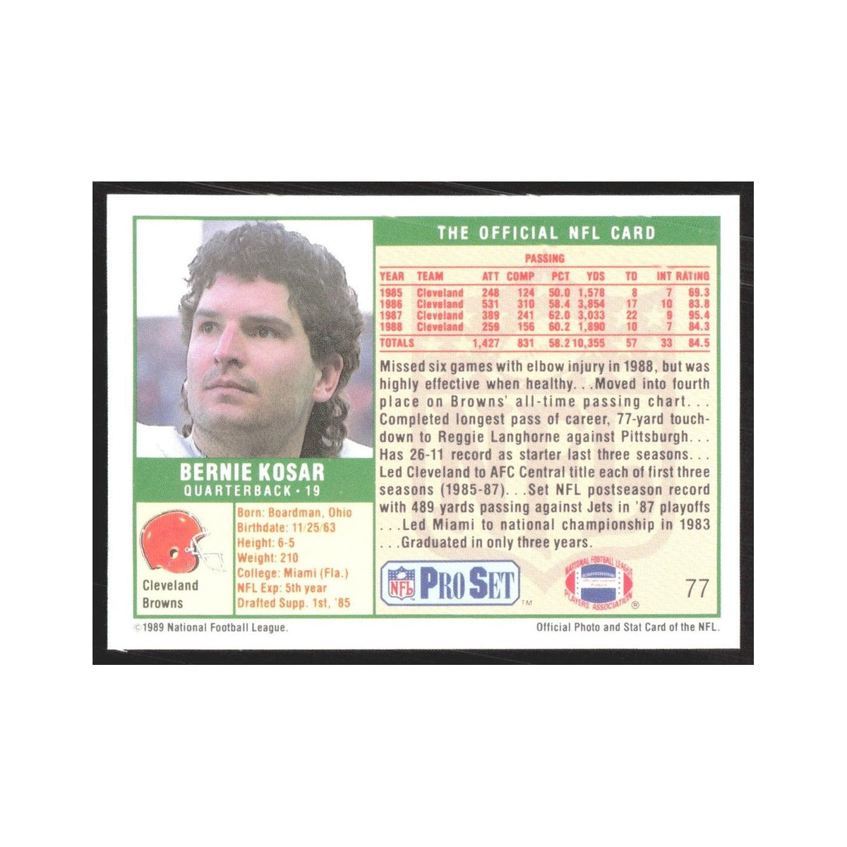 1989 Pro Set Bernie Kosar Browns #77