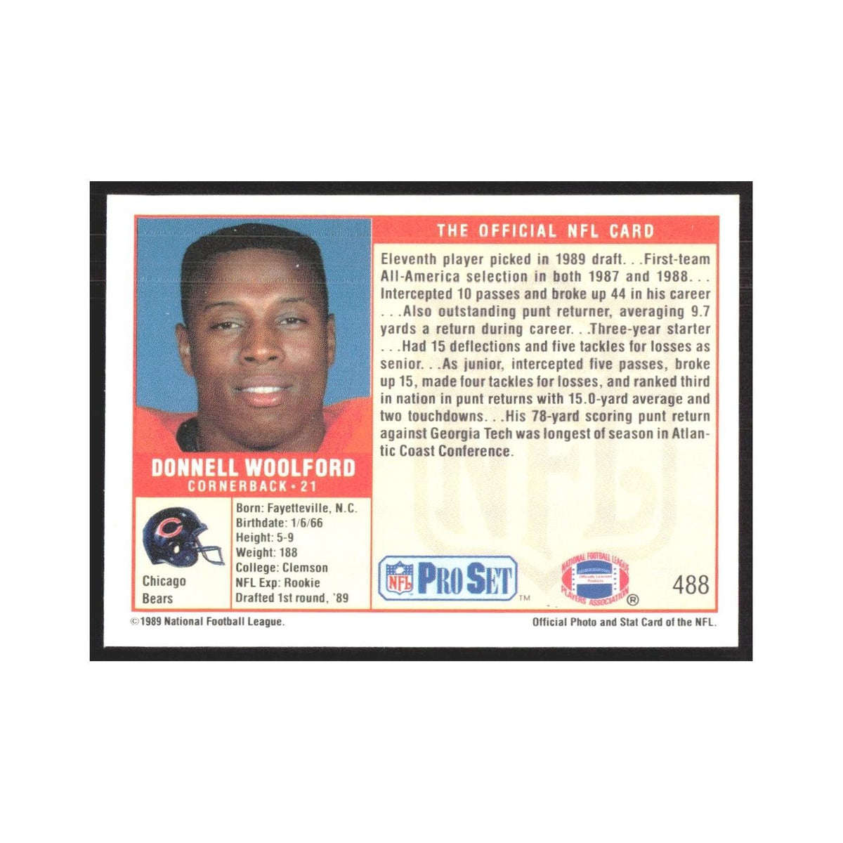 1989 Pro Set Donnell Woolford Bears #488