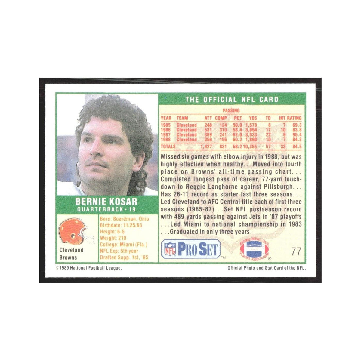 1989 Pro Set Bernie Kosar Browns #77