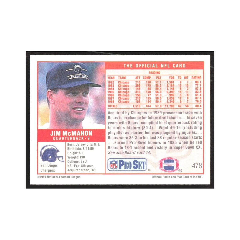 1989 Pro Set Jim McMahon San Diego Chargers #478
