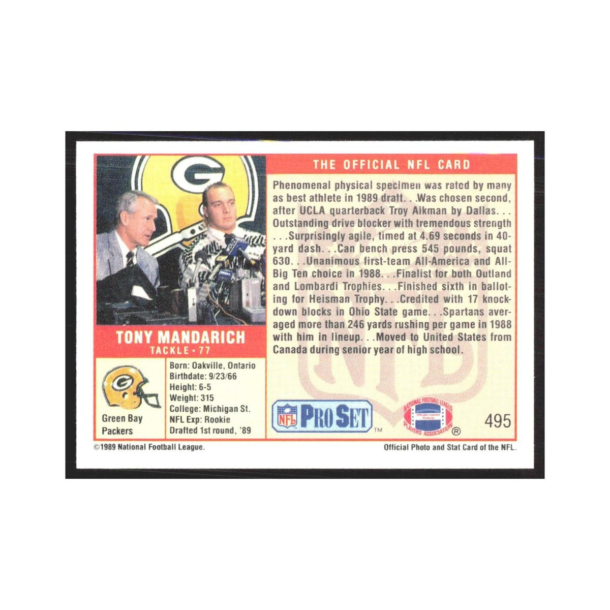 1989 Pro Set Tony Mandarich Packers #495