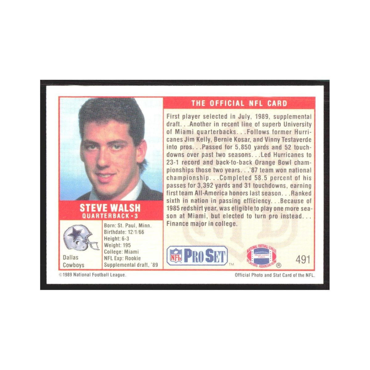 1989 Pro Set Steve Walsh Cowboys #491