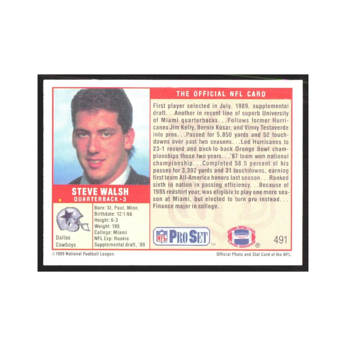 1989 Pro Set Steve Walsh Cowboys #491