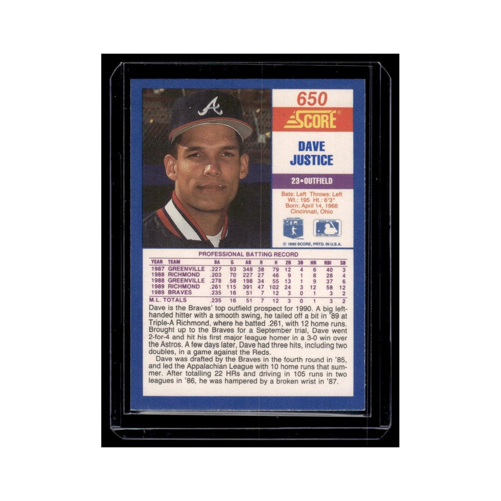 Dave Justice Rookie 1990 Score #650 Atlanta Braves Baseball Card NM