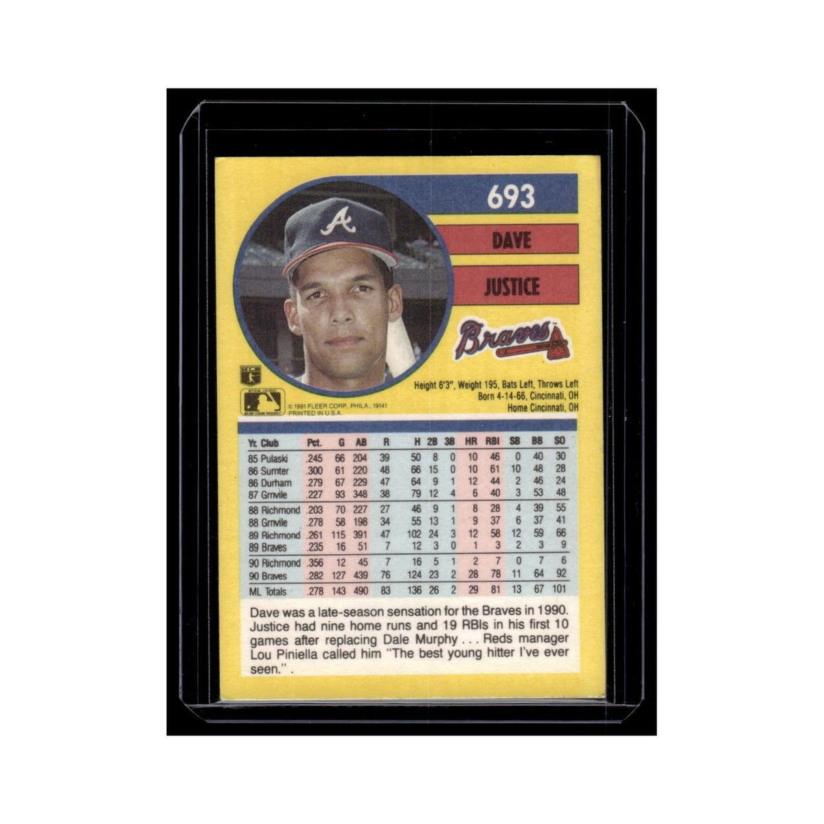 Dave Justice 1991 Fleer #693 Atlanta Braves Baseball Card NM