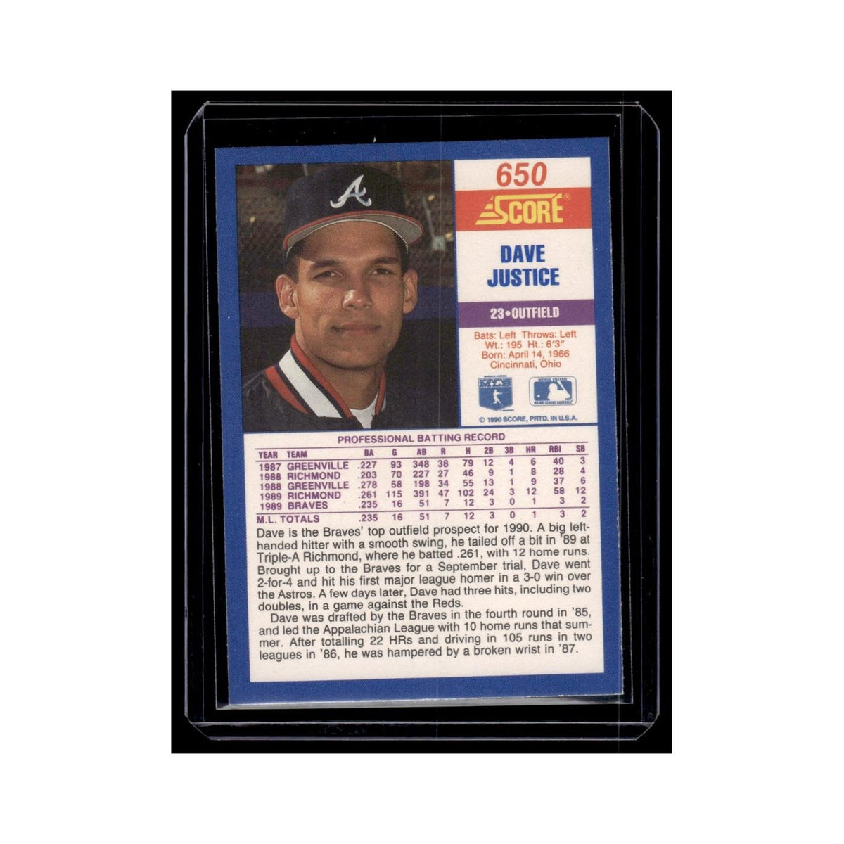 Dave Justice Rookie 1990 Score #650 Atlanta Braves Baseball Card NM