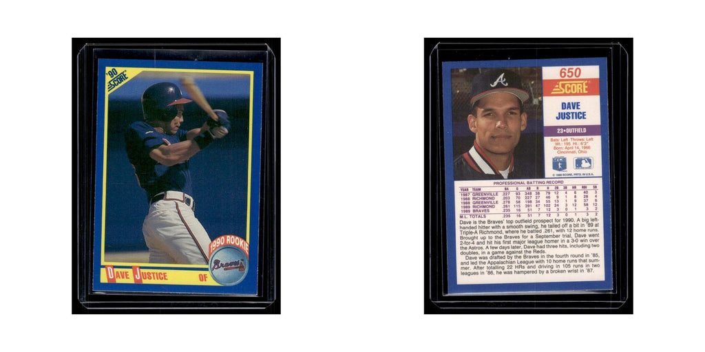 Dave Justice Rookie 1990 Score #650 Atlanta Braves Baseball Card NM