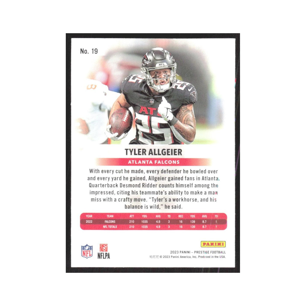 2023 Panini Prestige Tyler Allgeier Falcons #19