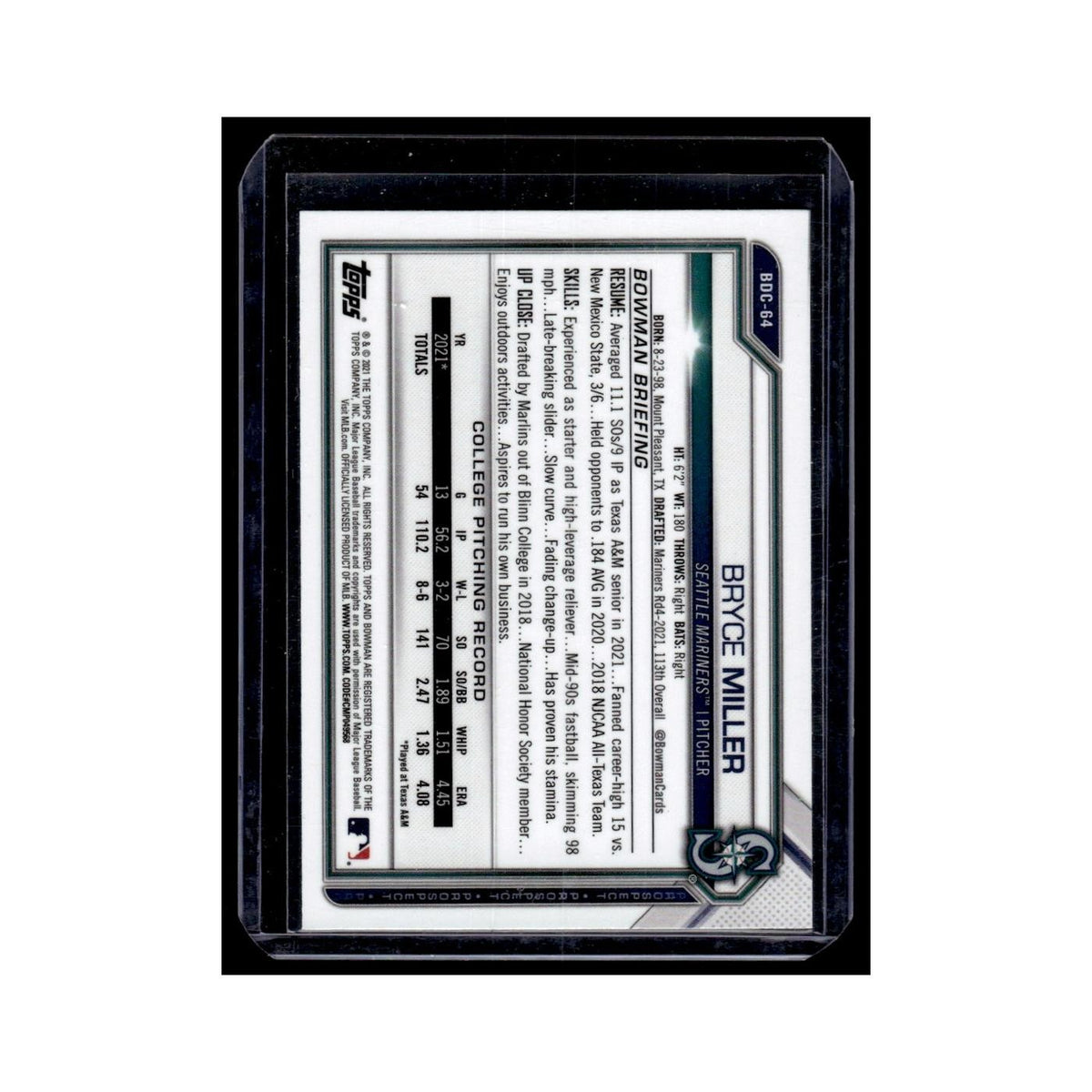 Bryce Miller 2021 Bowman Draft Chrome #BDC-64 Seattle Mariners Baseball Card NM