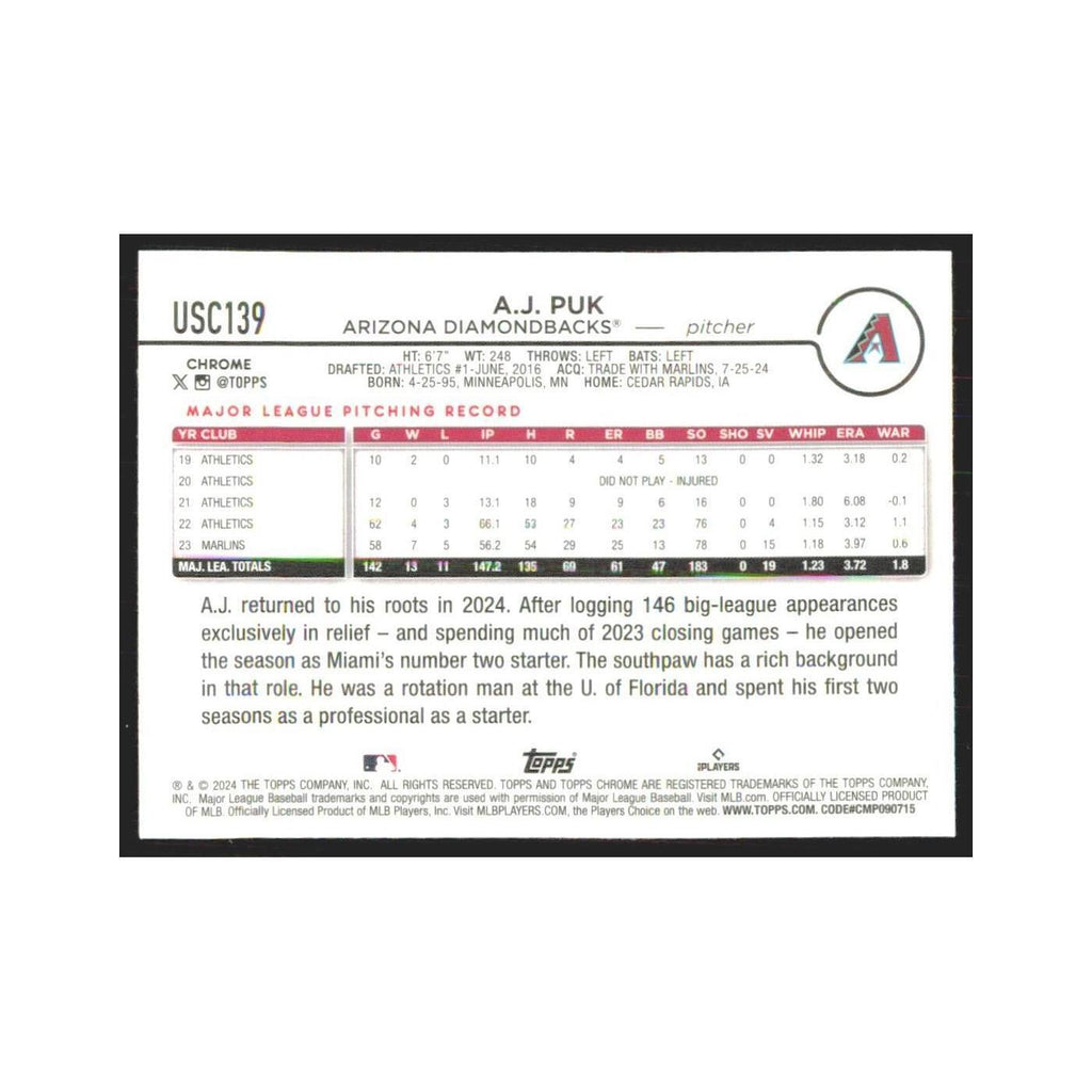2024 Topps Chrome A.J. Puk Diamondbacks #USC139