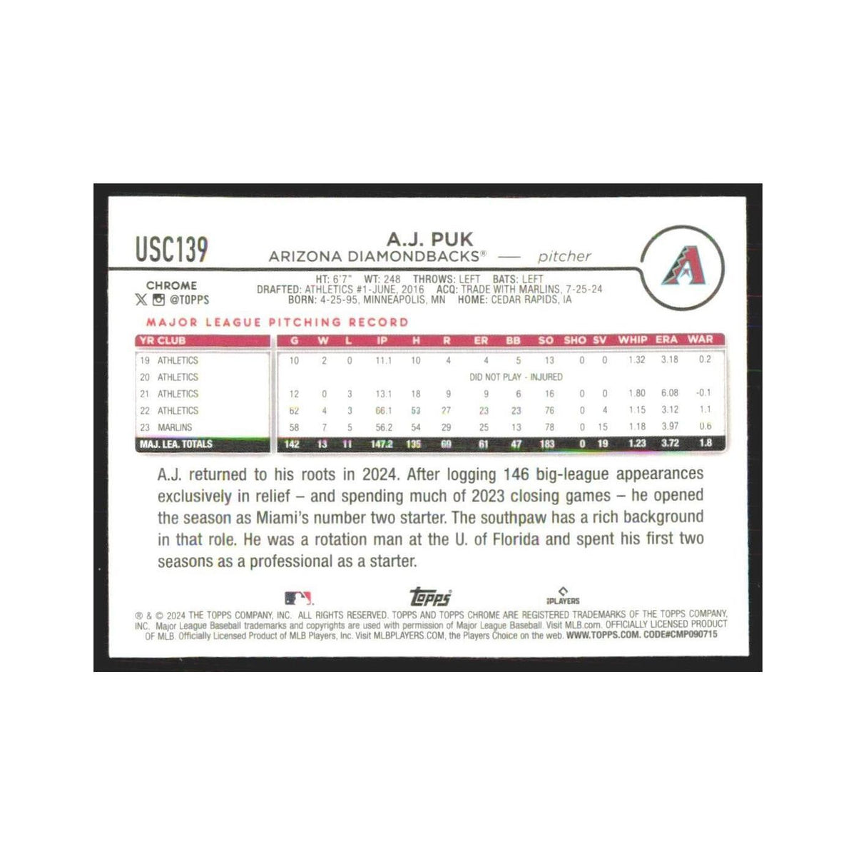 2024 Topps Chrome A.J. Puk Diamondbacks #USC139