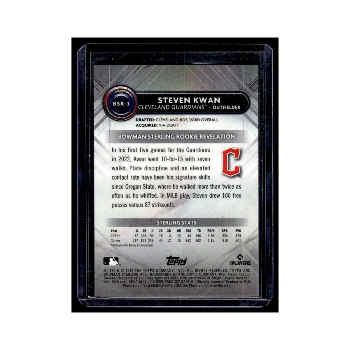 Steven Kwan Rookie 2022 Bowman Sterling #BSR-3 Cleveland Guardians NM