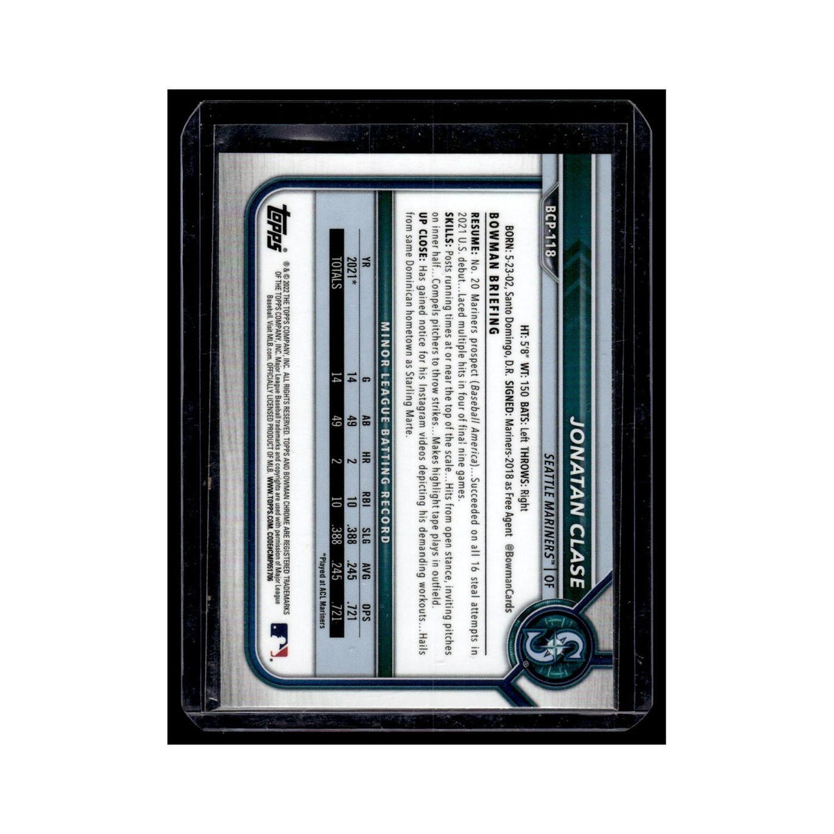 Jonatan Clase 2022 Bowman Chrome #BCP-118 Seattle Mariners Baseball Card NM