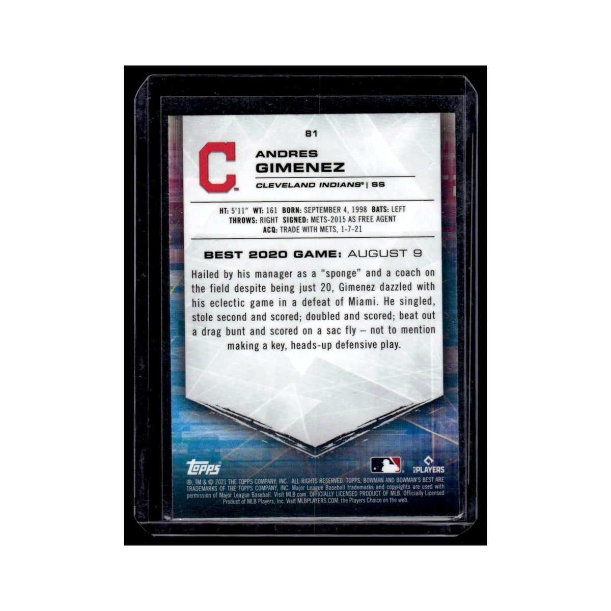 Andres Gimenez Rookie 2021 Bowman's Best #81 Cleveland Indians Baseball Card NM