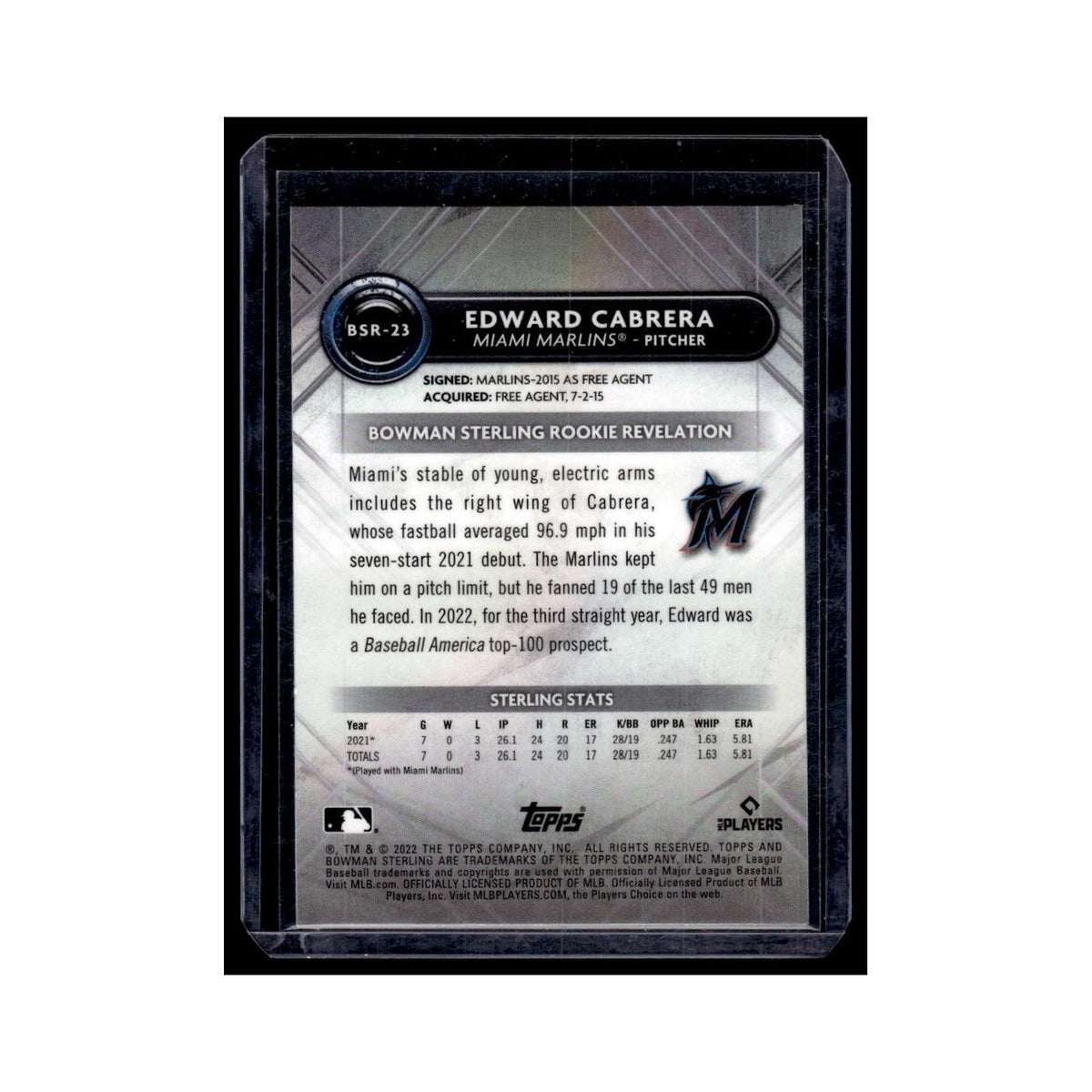 Edward Cabrera Rookie 2022 Bowman Sterling #BSR-23 Miami Marlins NM
