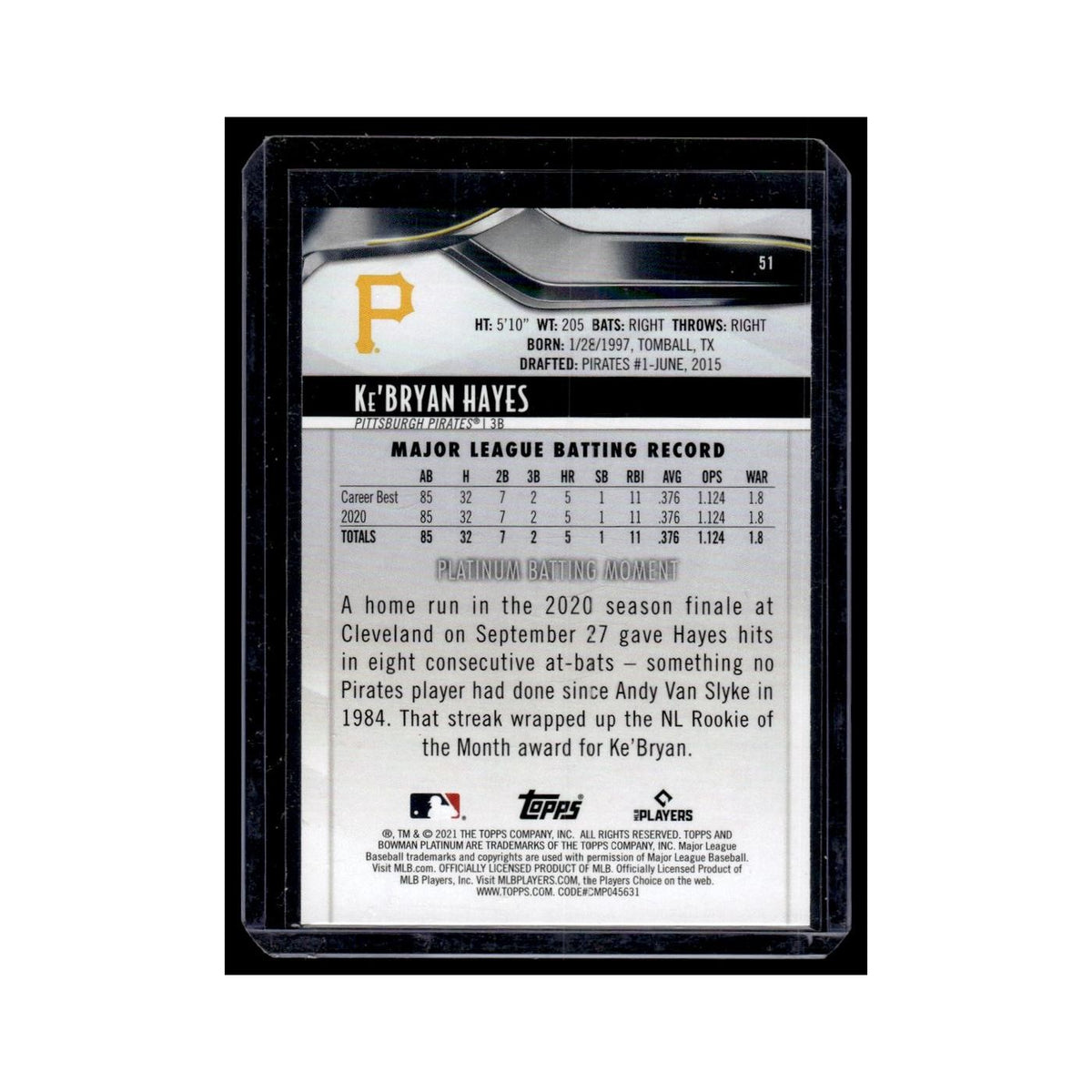 Ke'Bryan Hayes Rookie 2021 Bowman Platinum #51 Pittsburgh Pirates NM