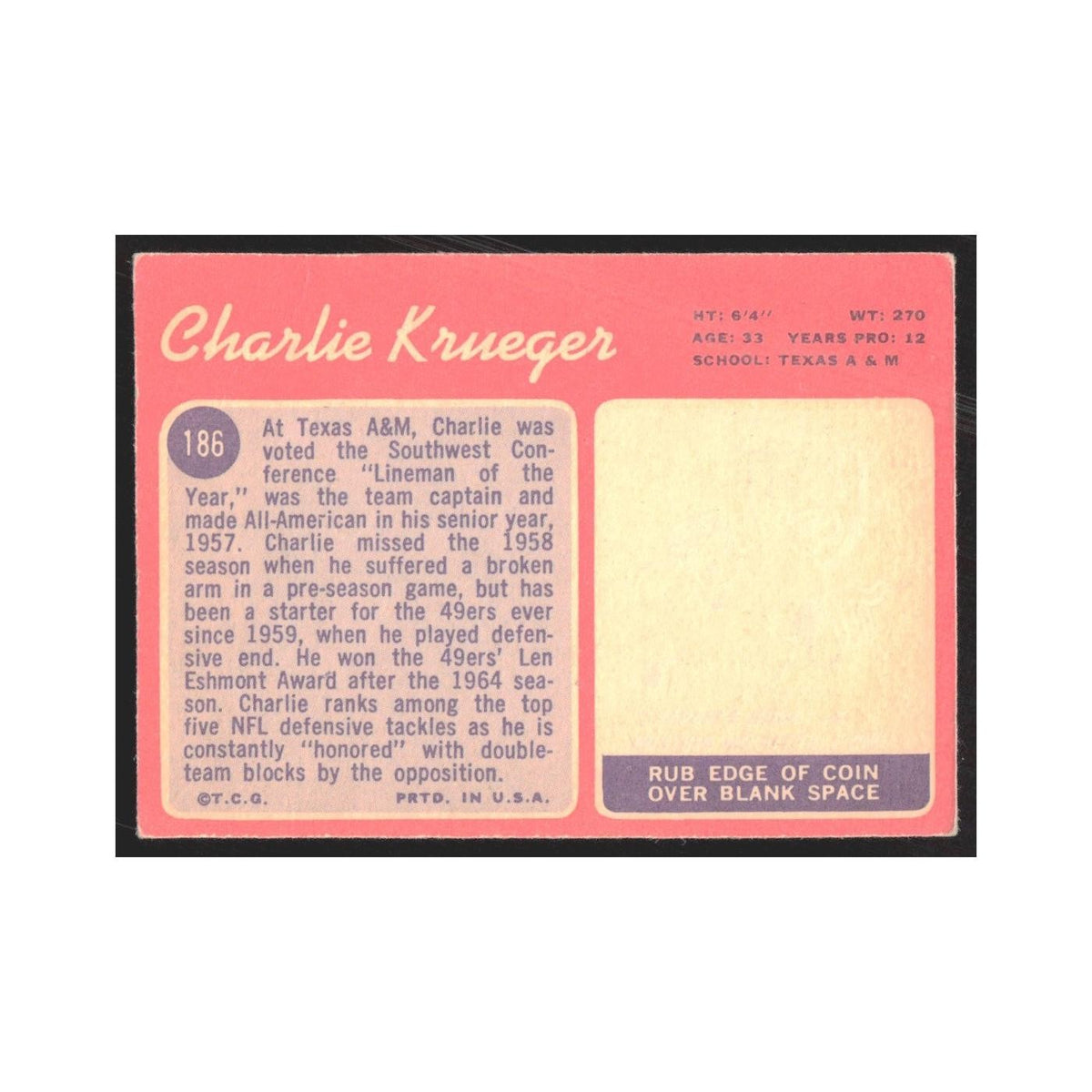 1970 Topps Charlie Krueger 49ers #186