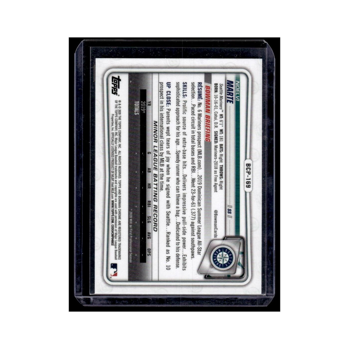 Noelvi Marte 2020 Bowman Chrome Prospects #BCP-169 Seattle Mariners NM