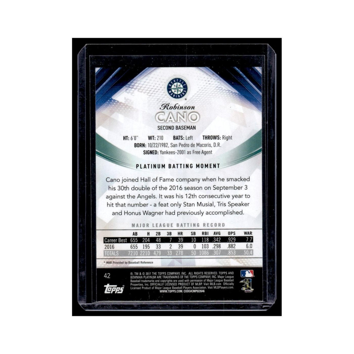 Robinson Cano 2017 Bowman Platinum #42 Seattle Mariners Baseball Card NM