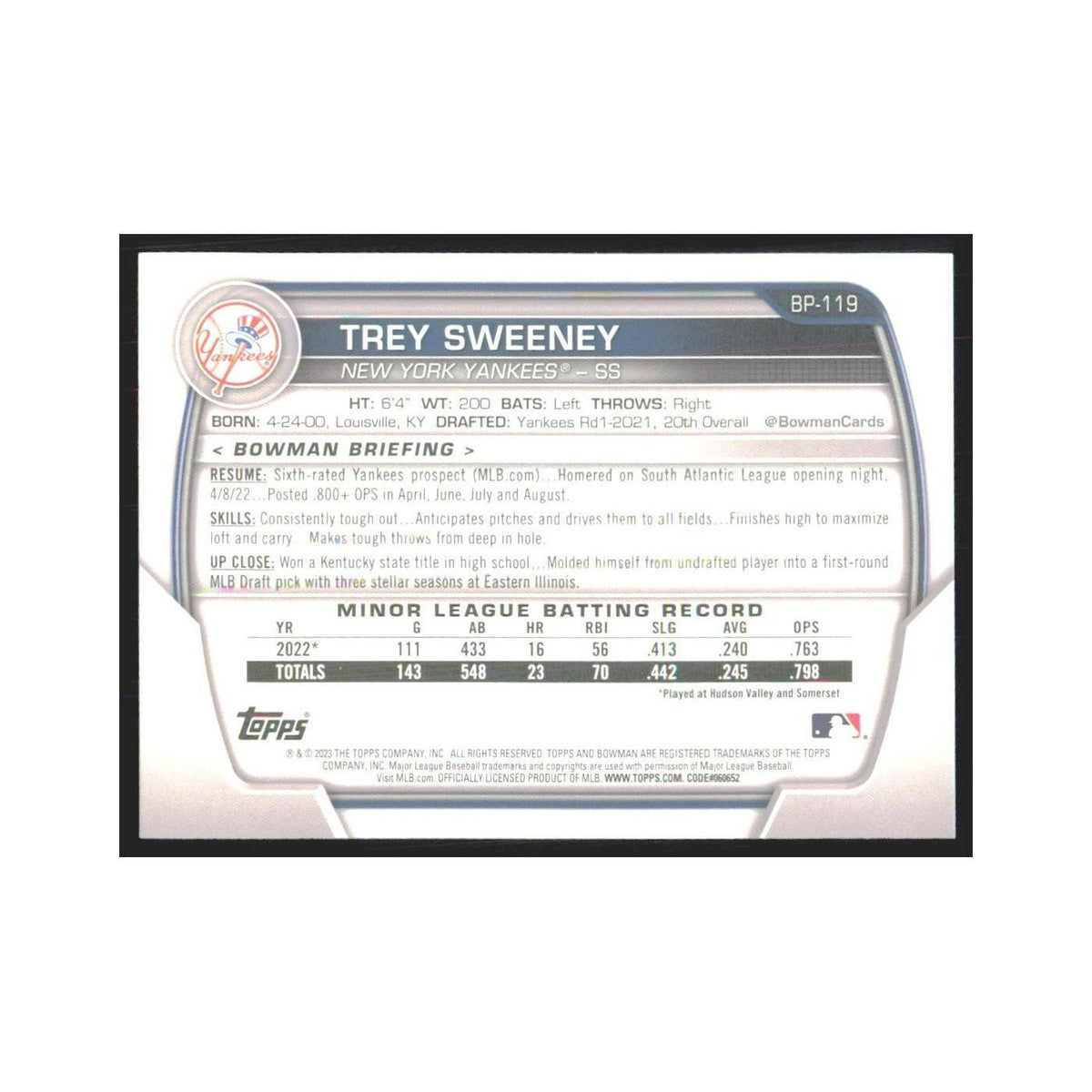 2023 Bowman Prospects Trey Sweeney Yankees #BP-119