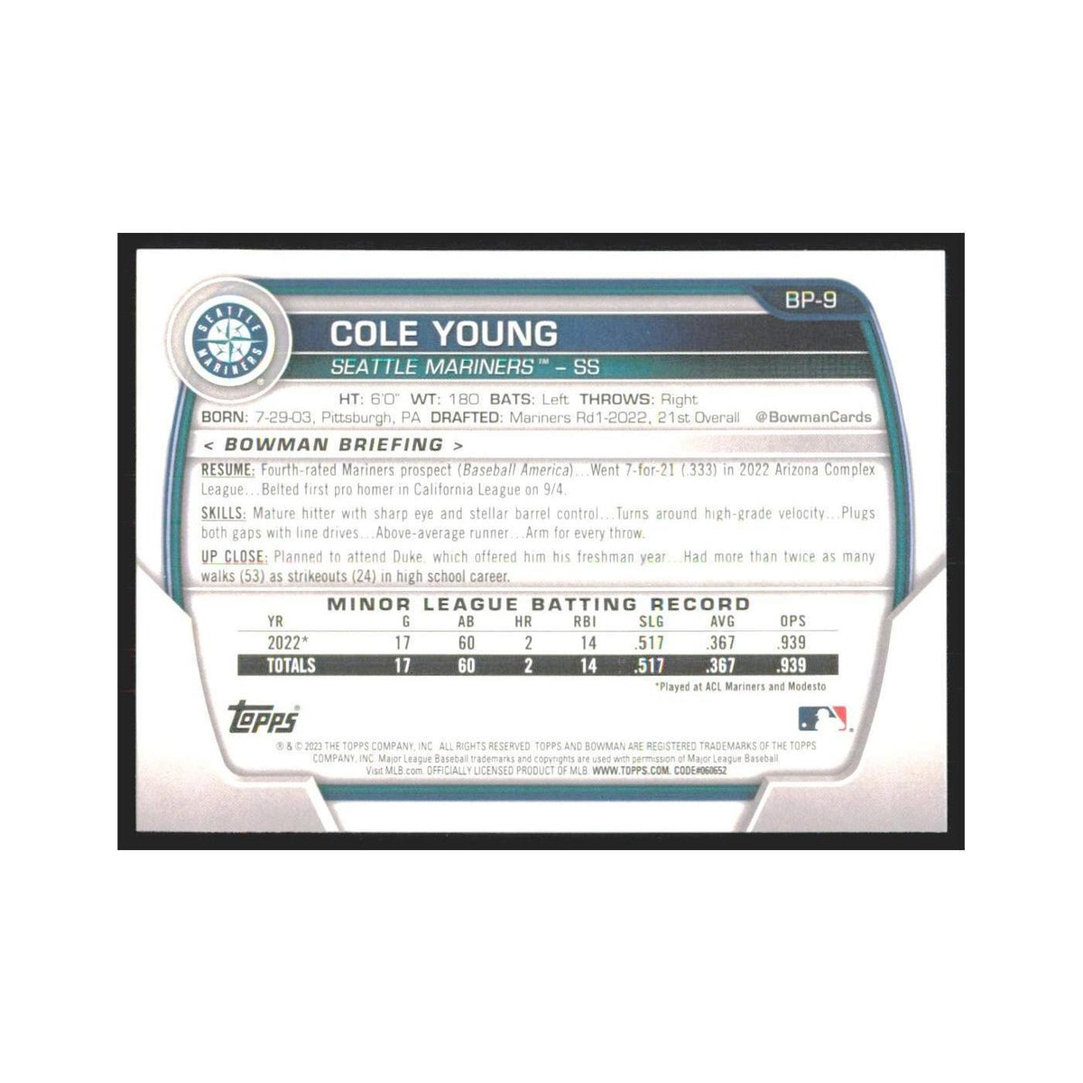 2023 Bowman Prospects Cole Young Mariners #BP-9