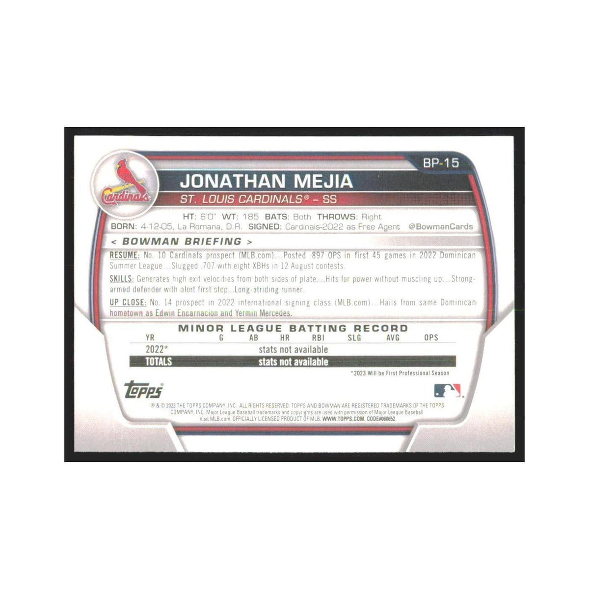 2023 Bowman Prospects Jonathan Mejia Cardinals #BP-15