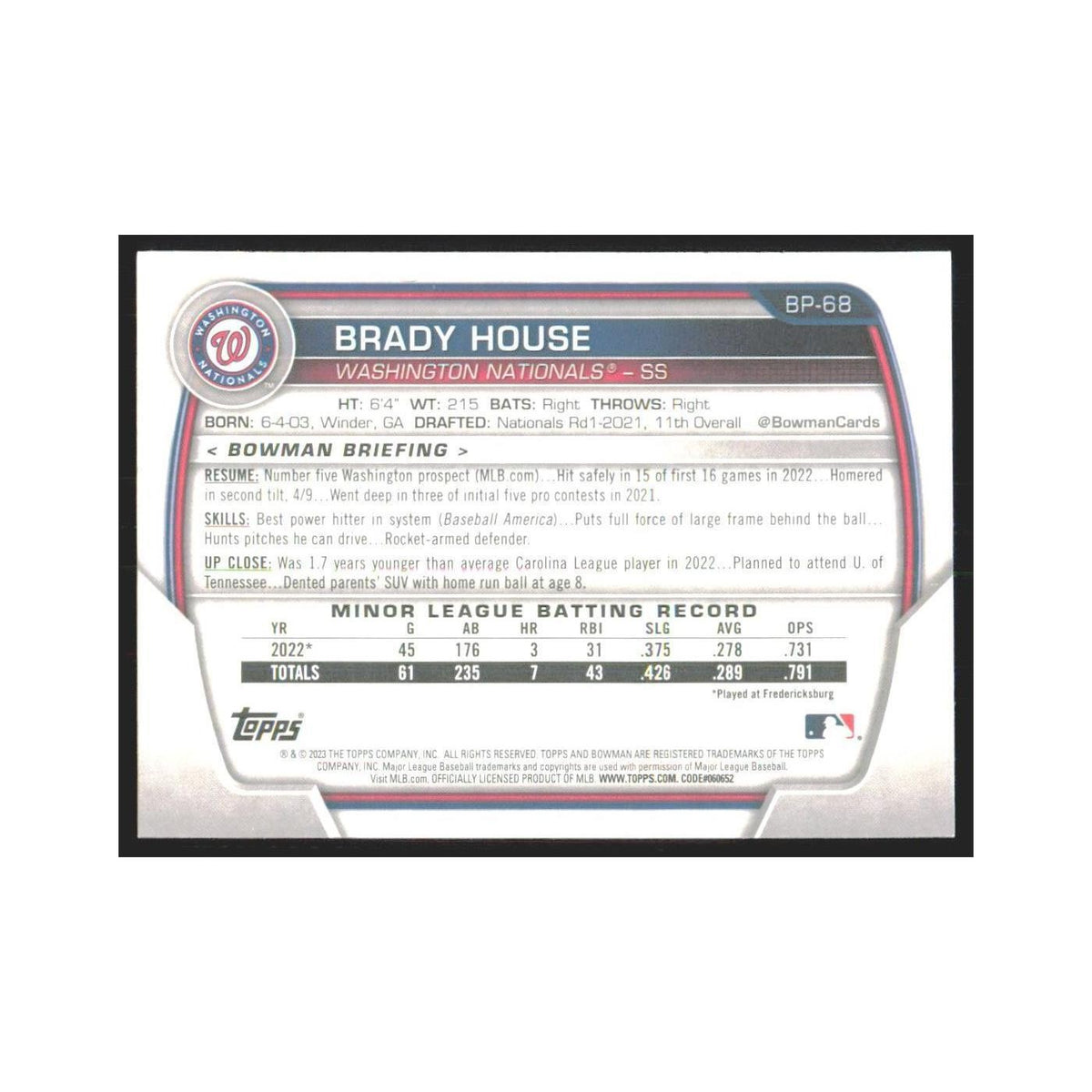 2023 Bowman Prospects Brady House Nationals #BP-68