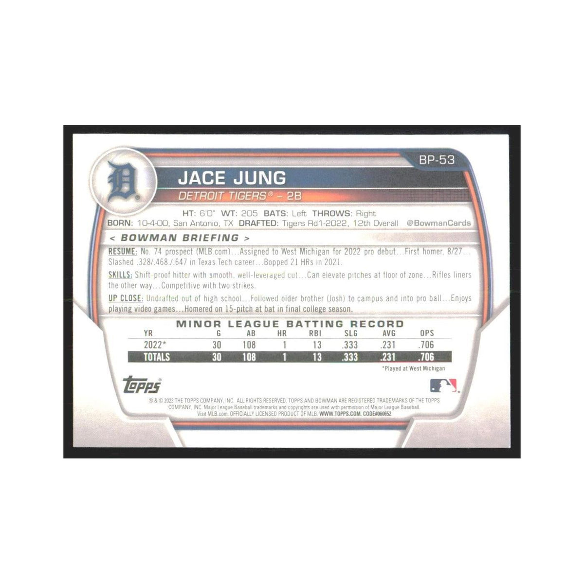 2023 Bowman Prospects Jace Jung Tigers #BP-53
