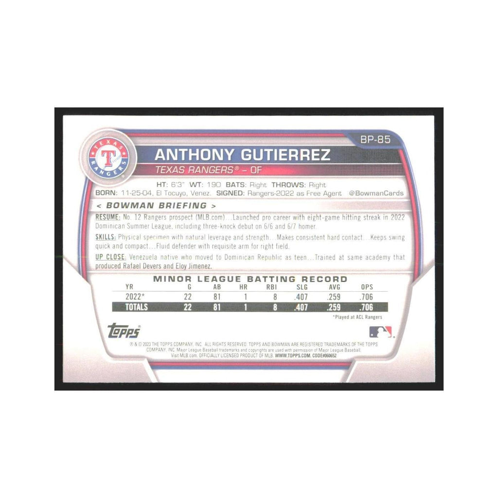 2023 Bowman Prospects Anthony Gutierrez Rangers #BP-85