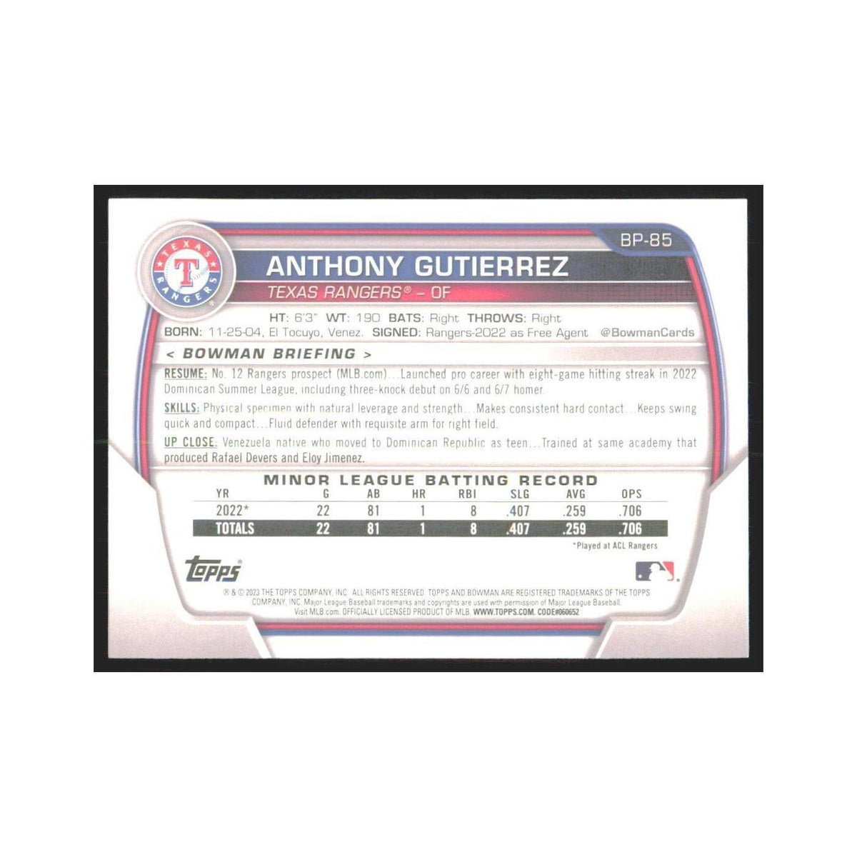 2023 Bowman Prospects Anthony Gutierrez Rangers #BP-85