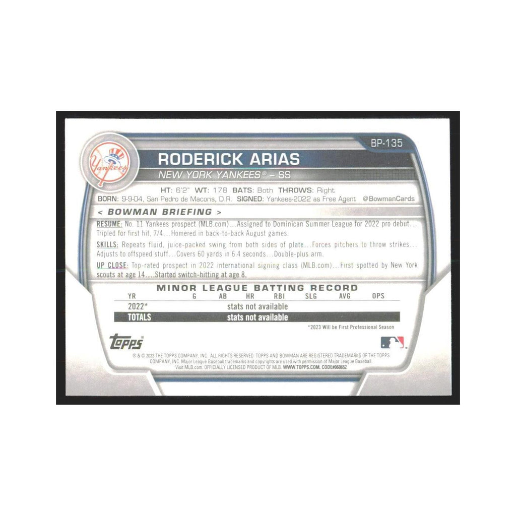 2023 Bowman Prospects Roderick Arias Yankees #BP-135