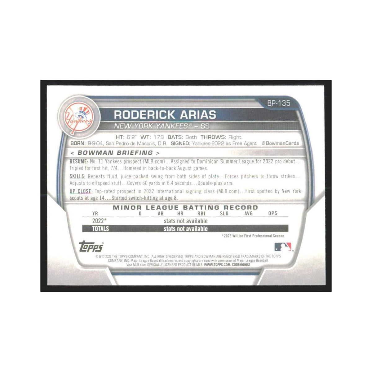 2023 Bowman Prospects Roderick Arias Yankees #BP-135