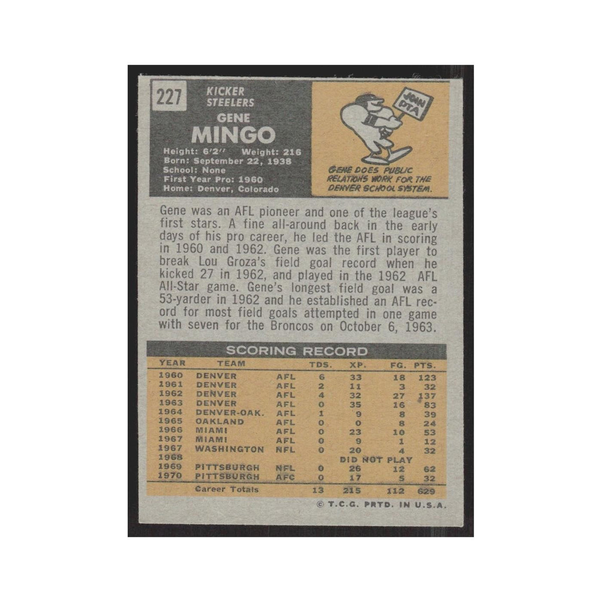 1971 Topps Gene Mingo Steelers #227