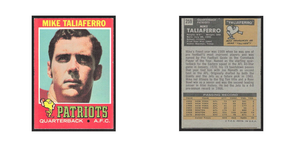 1971 Topps Mike Taliaferro Patriots #259