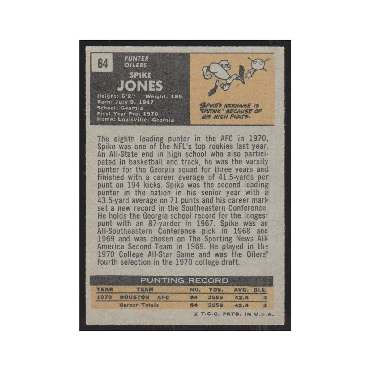 1971 Topps Spike Jones Houston Oilers #64