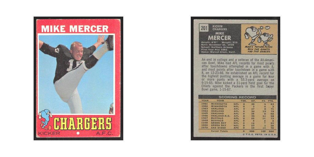 1971 Topps Mike Mercer San Diego Chargers #201