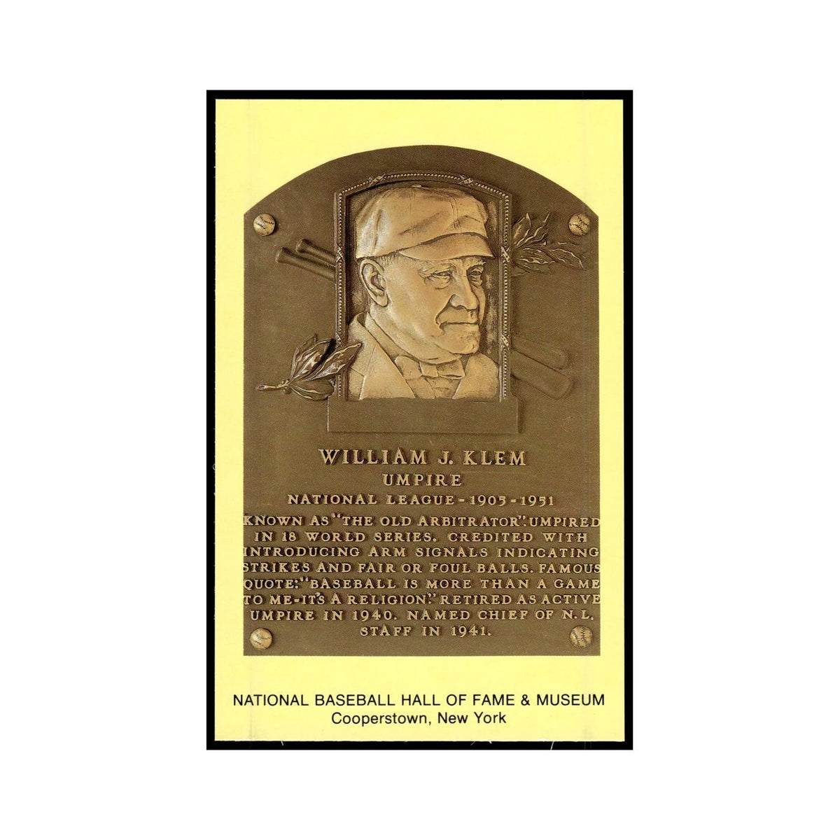 William Klem 1993 National Baseball Hall Of Fame Plaque Postcard Yellow #nan EX