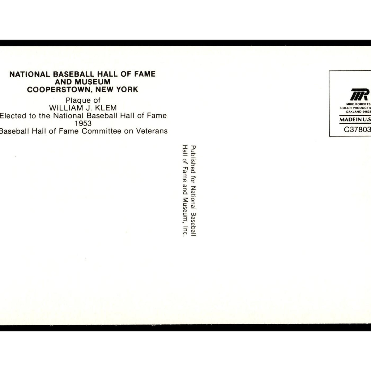 William Klem 1993 National Baseball Hall Of Fame Plaque Postcard Yellow #nan EX